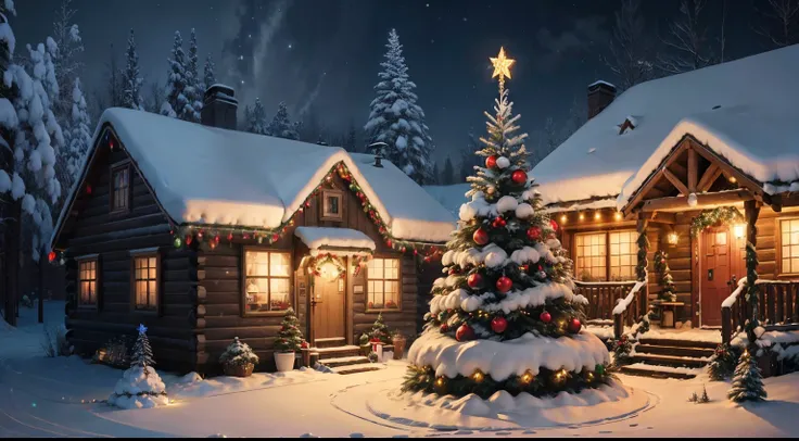 Cozy christmas cabin decorated with Christmas lights and decorations,UHD