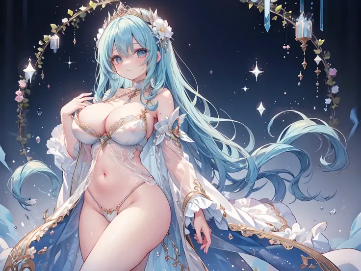 1 woman、Radiant hair、fluffy and soft hair、Sparkling eyes、爆乳、Too large breasts、Seductive breasts、Sheer underwear、Tiara of the Goddess、goddess god々Feeling、lace cape、aquamarine choker、Castle Room、Long Lace Bale、Ruffles and ribbons、A smile、The upper part of th...