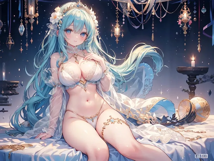 1 woman、Radiant hair、fluffy and soft hair、Sparkling eyes、爆乳、Too large breasts、Seductive breasts、Sheer underwear、Tiara of the Goddess、goddess god々Feeling、lace cape、aquamarine choker、Castle Room、Long Lace Bale、Ruffles and ribbons、A smile、The upper part of th...