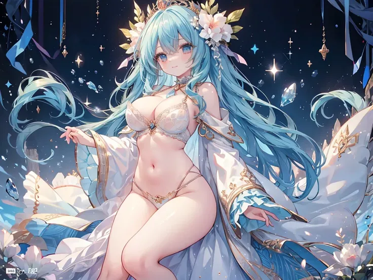 1 woman、Radiant hair、fluffy and soft hair、Sparkling eyes、爆乳、Too large breasts、Seductive breasts、Sheer underwear、Tiara of the Goddess、goddess god々Feeling、lace cape、aquamarine choker、Castle Room、Long Lace Bale、Ruffles and ribbons、A smile、The upper part of th...