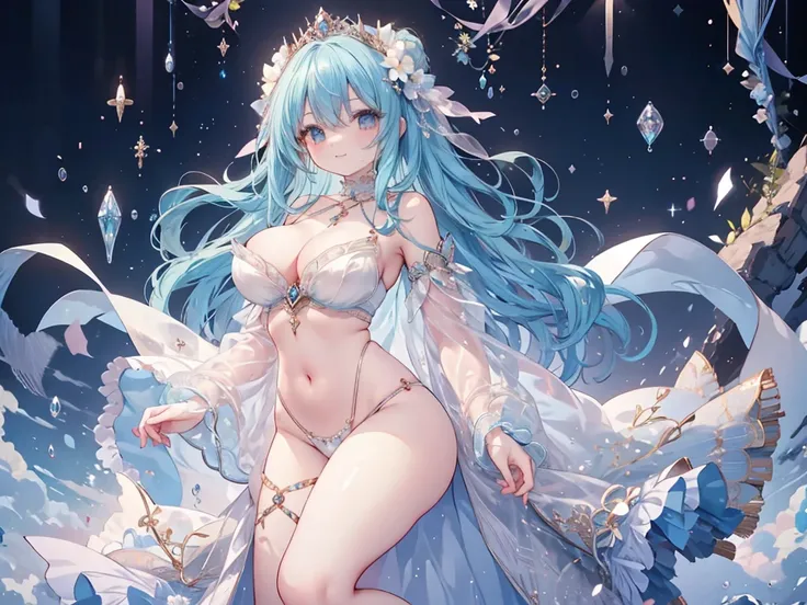 1 woman、Radiant hair、fluffy and soft hair、Sparkling eyes、爆乳、Too large breasts、Seductive breasts、Sheer underwear、Tiara of the Goddess、goddess god々Feeling、lace cape、aquamarine choker、Castle Room、Long Lace Bale、Ruffles and ribbons、A smile、The upper part of th...