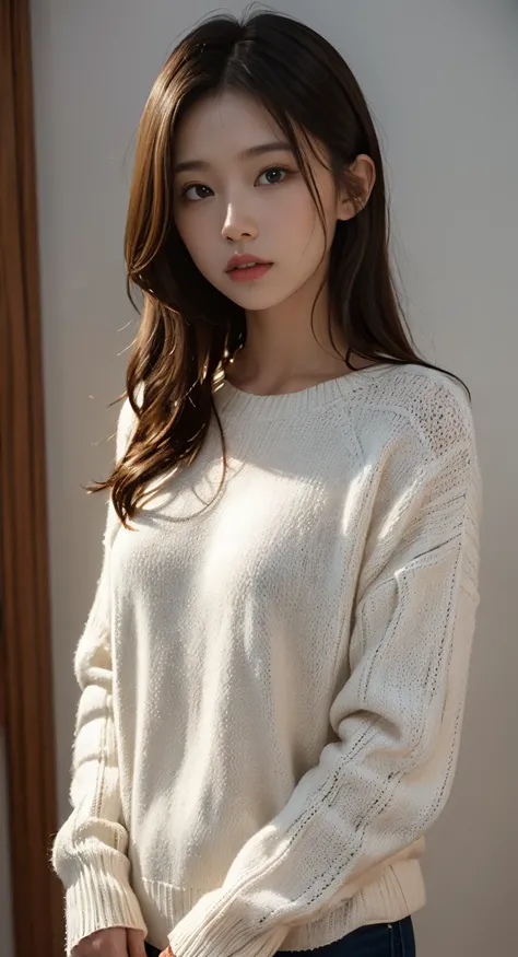 White knitted sweater、white walls、Beautiful lighting