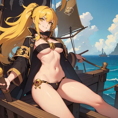 ((1 female pirate monster, bare chest, a shell stuck to her pussy)),((medium breasts)),((very large pubic hair)),((big yellow hair)),((yellow eyes, smile)) ,((facing the viewer)),((on a pirate ship, at sea during the day)),