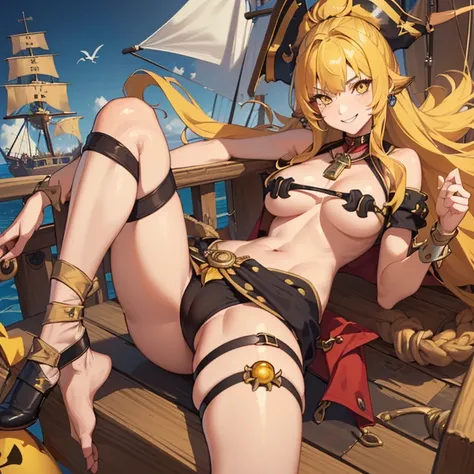 ((1 female pirate monster, bare chest, a shell stuck to her pussy)),((medium breasts)),((very large pubic hair)),((big yellow hair)),((yellow eyes, smile)) ,((facing the viewer)),((on a pirate ship, at sea during the day)),