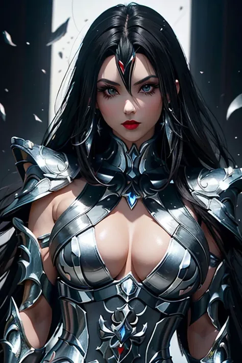 There is an adult European woman , Saint Seiya , Penguin Black and White Cloth, Dark hair, red lips, Eye shadow, natural makeup, long curved hait, beautiful chest, Second Life Avatar, Beautiful screenshot, Second Life, attractive woman, high quality, highl...