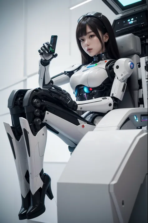 woman in a white suit sitting on a chair with a remote control, the most advanced humanoid robot, fully robotic!! girl, girl wearing robotic suit, close-up of a robot sitting down, humanoid robot close up, the robot wearing her human mask, artificial intel...