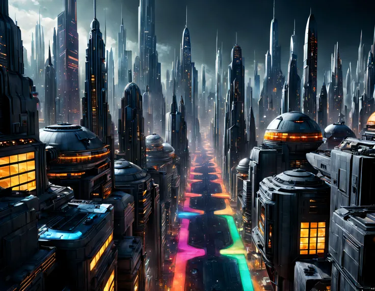 (The city of Coruscant from Star Wars as designed by Doug Chiang), futuristic fantasy city with immense buildings of technological design (que forman una avenida infinita), edificios compactor no difuminados con aspecto metalico,luces en ventanas en edific...