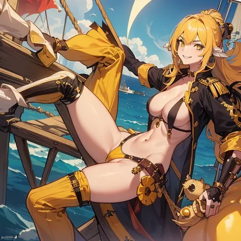 ((1 female pirate monster, bare chest, a shell stuck to her pussy)),((medium breasts)),((very large pubic hair)),((big yellow hair)),((yellow eyes, smile)) ,((facing the viewer)),((on a pirate ship, at sea during the day)),