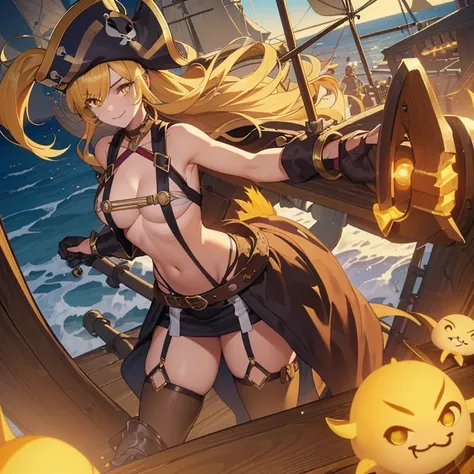 ((1 female pirate monster, bare chest, a shell stuck to her pussy)),((medium breasts)),((very large pubic hair)),((big yellow hair)),((yellow eyes, smile)) ,((facing the viewer)),((on a pirate ship, at sea during the day)),