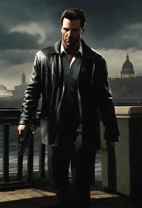 A photo of Max Payne standing at the edge of a pier, gazing out at the calm waters of the Hudson River.,Max Payne 3,Maxs appearance can be described as follows:

Max Payne is a middle-aged man with a rugged and weathered appearance. He has a strong and mus...