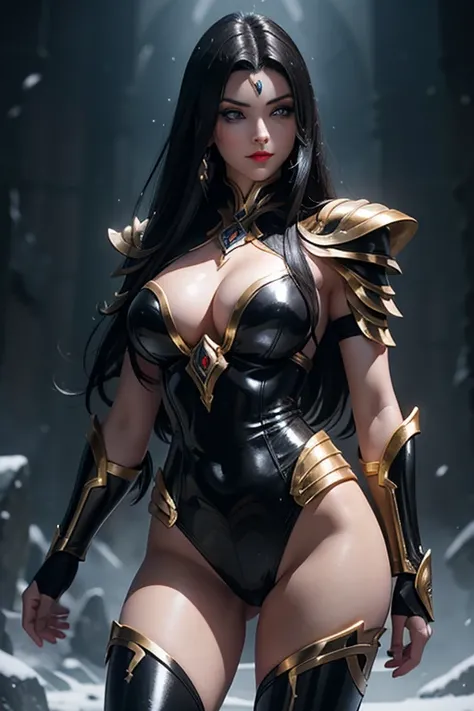 There is an adult European woman in armor , Saint Seiya , Penguin Black and White Cloth, Dark hair, red lips, Eye shadow, natural makeup, long curved hait, beautiful chest, Second Life Avatar, Beautiful screenshot, Second Life, attractive woman, high quali...