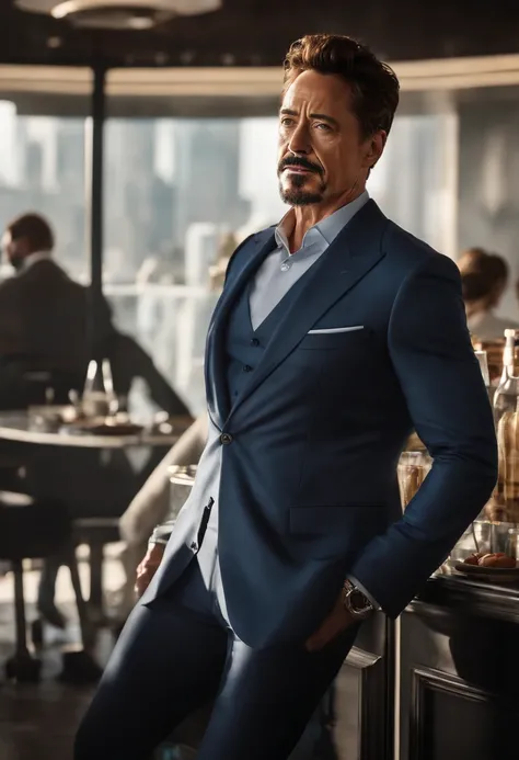 A photo of Tony Stark enjoying a Sunday morning brunch at his favorite rooftop restaurant.,Marvel Cinematic Universe,Stark is typically depicted as handsome and stylish, with neatly groomed facial hair, a sophisticated sense of fashion, and a well-built ph...