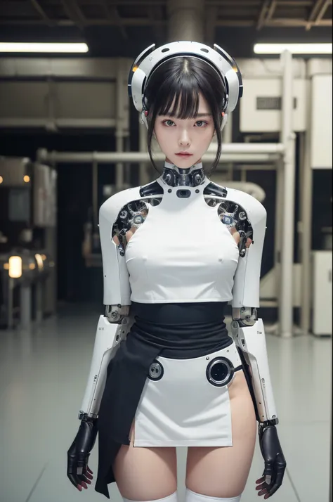 masterpiece, best quality, extremely detailed, (photorealistic:1.4),(RAW photo) (8K, 4K, Best Quality, hight resolution, 超A high resolution:1.1), (masutepiece, Realistic, Photorealsitic:1.1), 1girl in, Japaese Cyborg Girl,Plump ,navy pleated miniskirt,blac...