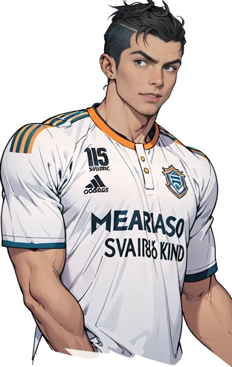 Close up of man wearing soccer uniform and holding soccer ball, Inspired by Sava Šumanović, official fan art, Portrait of Cristiano Ronaldo, 3d rendering of Jerma 9 8 5, Artwork inspired by Juraj Julije Klović, Kentaro Miura manga art style, Official Art, ...