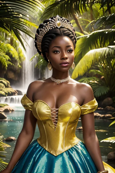 Retrato realista de uma mulher africana com pele castanha escura queimada pelo sol, cabelos longos:2                
 Encaracolado, ROUPAS DE PRINCESA, Cinderella long rococo style,  Imagem intrigante, imagem limpa, Ao fundo, um belo lago, Cores brilhantes...