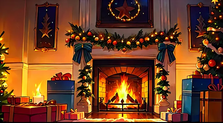 ((Best quality)), ((tmasterpiece)), (Detailed pubic hair), Christmas lights christmas tree indoor fireplace scene scene concept