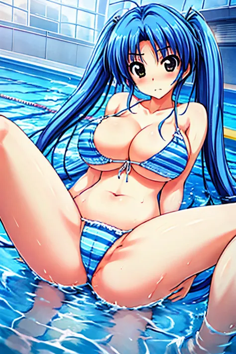 blue hairs、　Twin-tailed、ultra gigantic tits、Blue and white striped super micro bikini、swimming pools、swimmning、Shyness