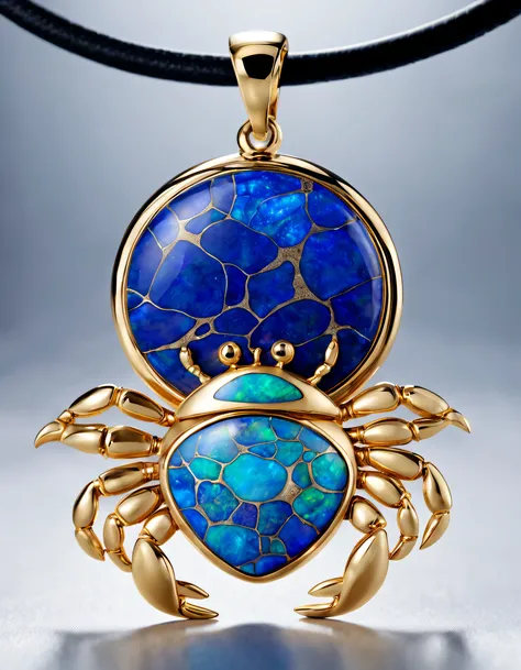 Item design, pendant design, (a simple round pendant), (double opal), (Cancer signs), (Freehand little golden crab), (Engraving english cindy xu:0.6), Black gold border, lapis lazuli, turquesa, black shell, Van Cleef & Arpels, cartier, Background and: The ...