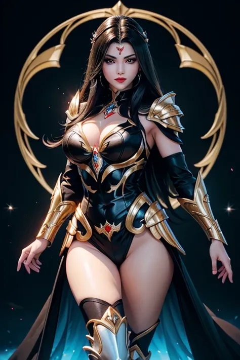 There is an adult European woman in a Penguin designed Armor , Saint Seiya , Penguin Black and White Cloth, Dark hair, red lips, Eye shadow, natural makeup, long curved hait, beautiful chest, Second Life Avatar, Beautiful screenshot, Second Life, attractiv...