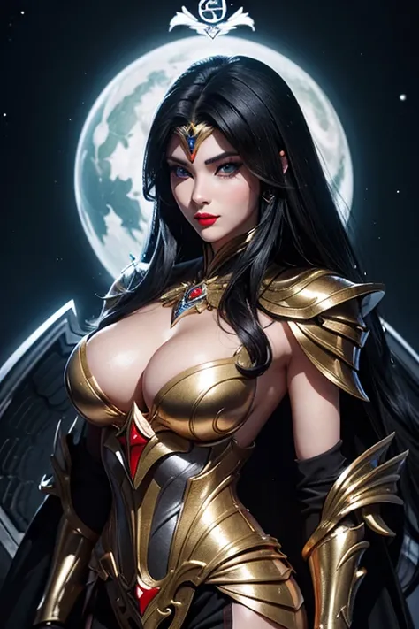 There is an adult European woman in a Penguin designed Armor , Saint Seiya , Penguin Black and White Cloth, Dark hair, red lips, Eye shadow, natural makeup, long curved hait, beautiful chest, Second Life Avatar, Beautiful screenshot, Second Life, attractiv...