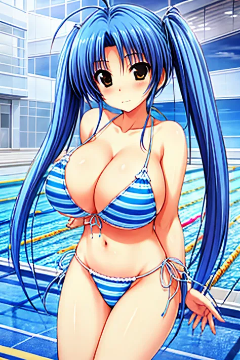 blue hairs、　Twin-tailed、ultra gigantic tits、Super micro bikini with blue and white stripes、swimming pools、swimmning、Shyness