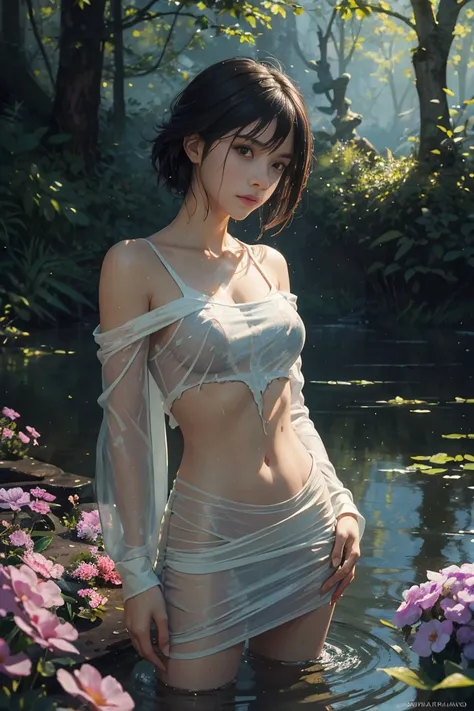 The best picture quality, masterpiece, extra high resolution, (accuracy: 1,4), photo, 1 beautiful girl, an ideal anatomy, finely Detailed and beautiful face, Field of flowers, white shirt, standing in the rain, (ripped clothes: 1,5), (wet clothing: 1,4), b...