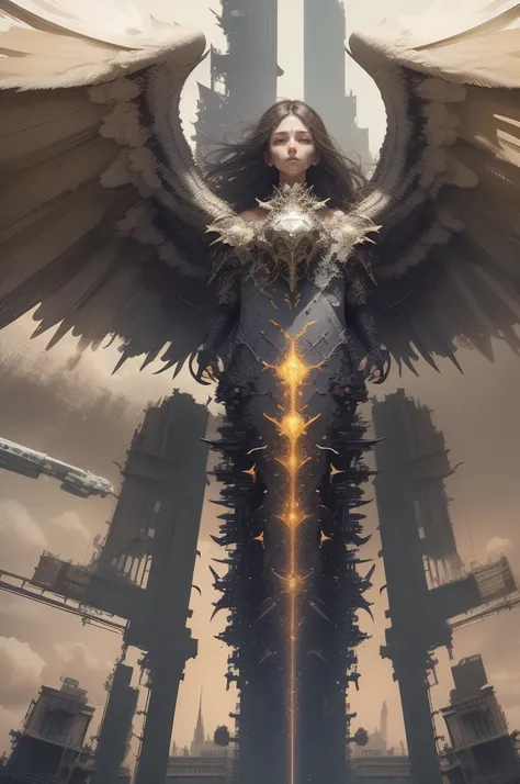 detailed face, super low angle, (flying seraph), (long and wide 12 wings), thick sword on fire, ruins in the city, skyscraper, impact, high speed, flame, necklace on fire, (battle field),