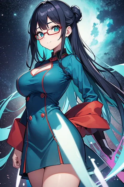 1girl in, A girl wearing a blue dress-like uniform, rainbow colored cosmic nebula background, Meteor swarm, intergalactic, Intricate details, Perfect face, emerald green hair, Long hair, Green eyes, Anime beautiful girl wearing a red uniform, a miniskirt, ...