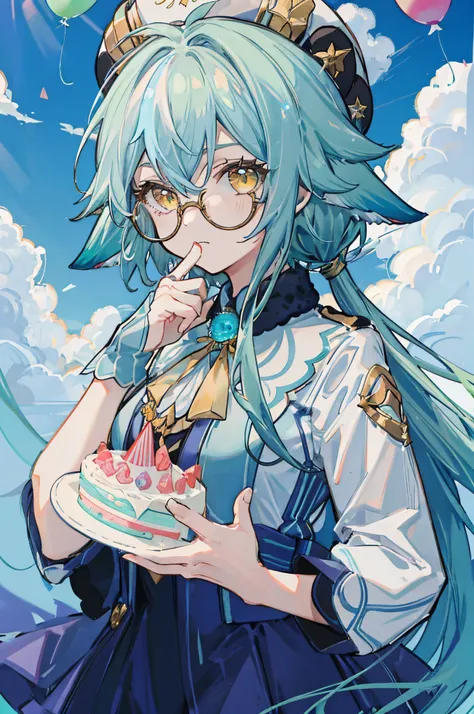 1 girl solo, teal hair, animal ears, glasses, blue and white clothes, hat, yellow eyes, ((holding a birthday cake))