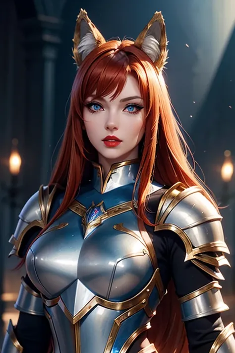 There is an adult European woman in Blue Wolf designed Armor , Saint Seiya , Wolf Head Helmet , Ginger hair, red lips, Eye shadow, natural makeup, long curved hait, beautiful chest, Second Life Avatar, Beautiful screenshot, Second Life, attractive woman, h...