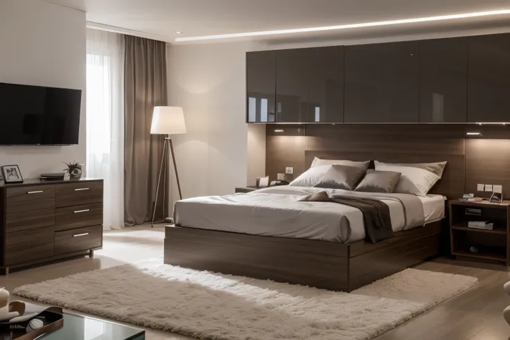 Vislumbre um ultramoderno, Double-use room that optimizes space and integrates advanced technology. Features of the compact room, wall-mounted smart bed that can be controlled through an app, elegante, Mesa flutuante com carregamento sem fio integrado, Jan...