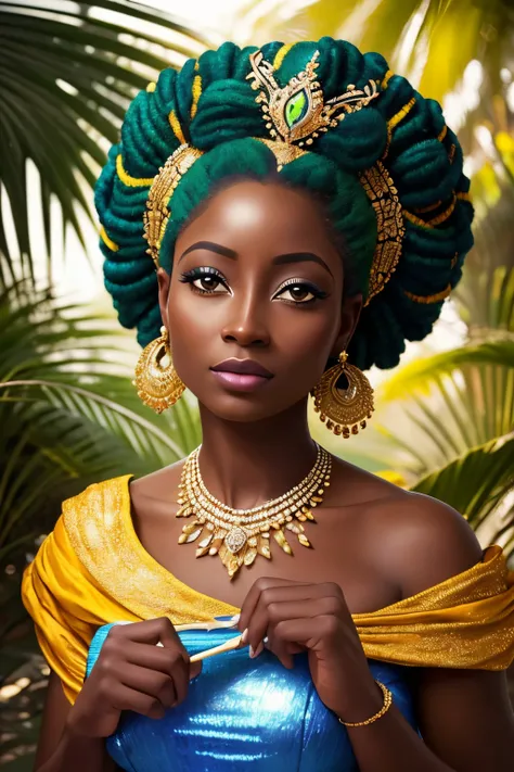 Retrato realista de uma mulher africana com pele castanha escura queimada pelo sol, cabelos longos:2                
 Encaracolado, ROUPAS DE PRINCESA, Cinderella long rococo style,  Imagem intrigante, imagem limpa, Ao fundo, um belo lago, Cores brilhantes...