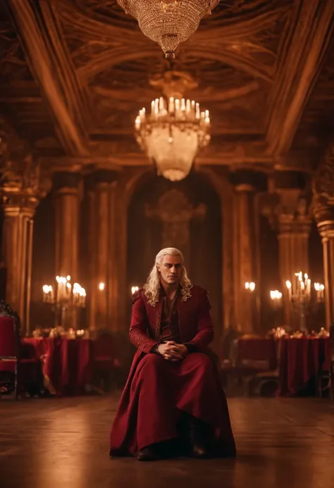 A photo of a man sitting alone in a lavish ballroom, surrounded by extravagant decorations and a sense of desolation.,A Song of Ice and Fire,Viserys Targaryen I