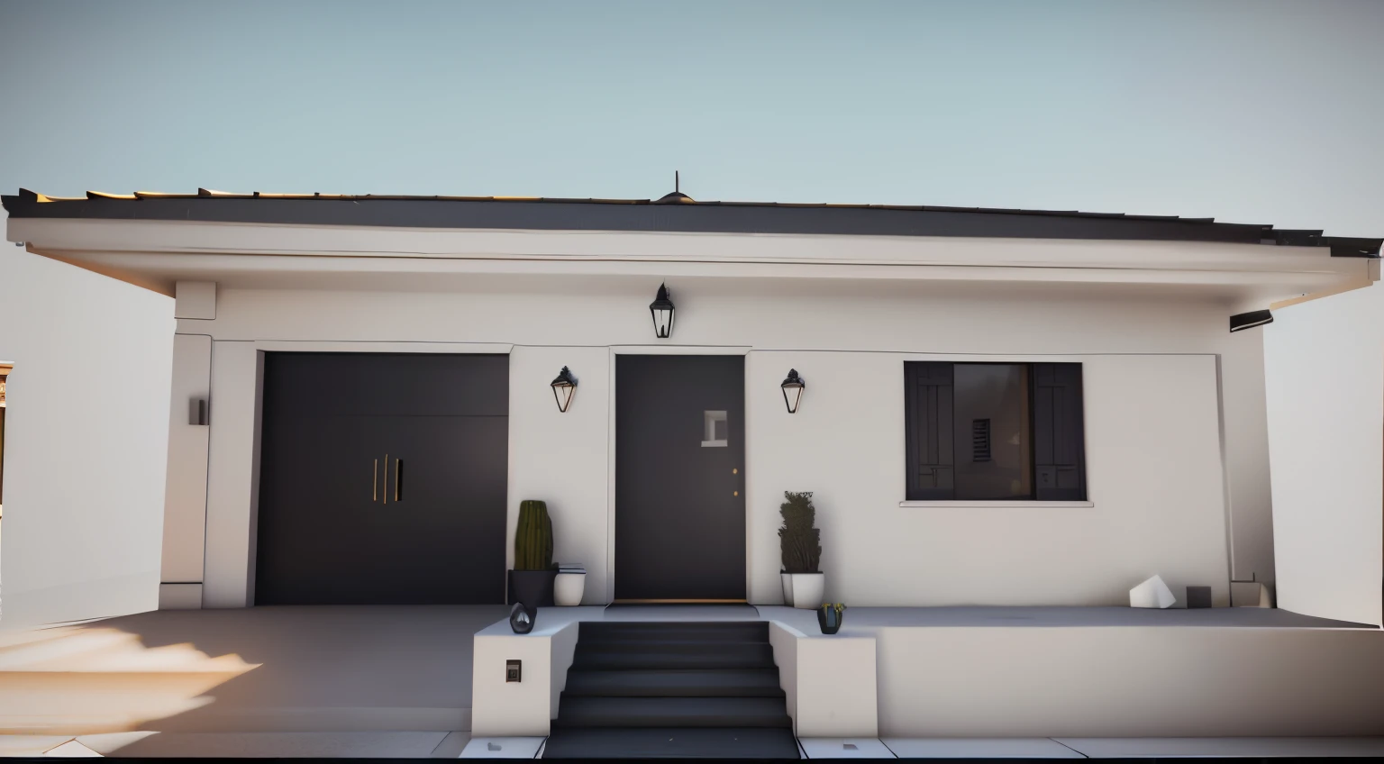 There is a white house with a black door and a black door, unreal engine realistic render, renderizado no lumion pro, motor irreal foto-realista, lumion rendering, realista estabelecendo tiro, realista unreal engine 3 d jogo, renderizado no Unreal Engine 6...