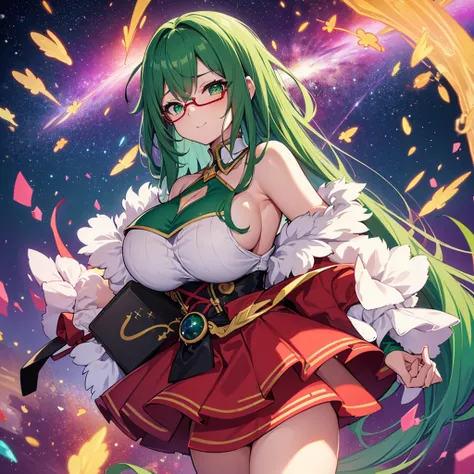 1girl in, rainbow colored cosmic nebula background, (Meteor swarm), intergalactic, Intricate details, Perfect face, ((Emerald green hair)), straight long hair, Green eyes, Anime beautiful girl wearing a red uniform, a miniskirt, Absolute area, A slight smi...