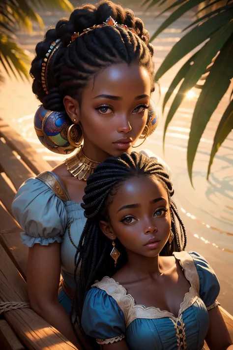 Retrato realista de uma mulher africana com pele castanha escura queimada pelo sol, cabelos longos:2                
 Encaracolado, ROUPAS DE PRINCESA, Cinderella long rococo style,  Imagem intrigante, imagem limpa, Ao fundo, um belo lago, Cores brilhantes...