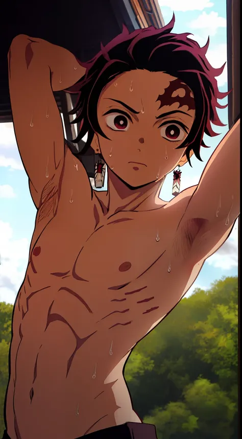 1 boy,kamado_tanjirou, day,  Highres, Masterpiece, Best quality at best,Best Quality,hight quality, hight detailed, Kamado Tanjiro from Demon Slayer, garden, seen from the front, (showing armpit:1.3), (shirtless, topless, bare chest), (without clothes), (s...