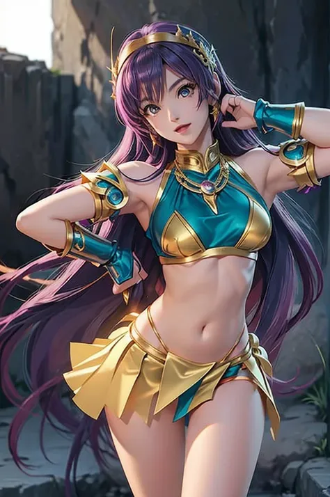 saint seiya、corpo inteiro, athena、cabelo roso, cg.alto detalhe、super bonito、delicado, micro bikini armor, seios enormes, very hi...