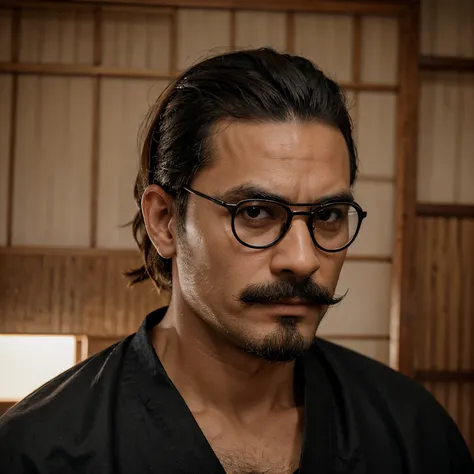 Homem 42 anos, cabelo coque samurai, barbar, bigode, pele branca, round black frame glasses.