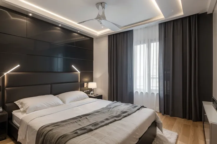 Vislumbre um ultramoderno, Double-use room that optimizes space and integrates advanced technology. Features of the compact room, wall-mounted smart bed that can be controlled through an app, elegante, Mesa flutuante com carregamento sem fio integrado, Jan...