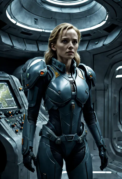 basado en la pelicula prometheus, una tripulante femenina bellisima, de la tripulacion de la spacecraft prometheus con su uniforme de proteccion, se encuentra  inspeccionando una antigua ciudad altamente tecnologica , actualmente semiderruida, pero que con...