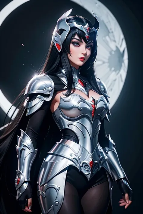 here is an adult european woman in a penguin armor , saint seiya , penguin black and white armor, dark hair, red lips, eye shado...