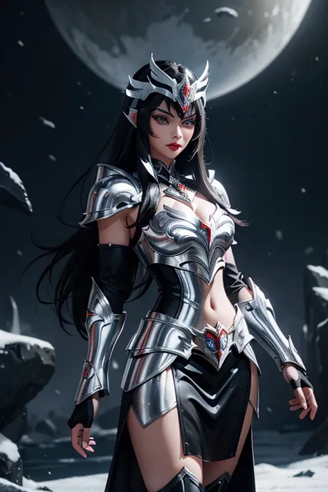 here is an adult european woman in a penguin armor , saint seiya , penguin black and white armor, dark hair, red lips, eye shado...