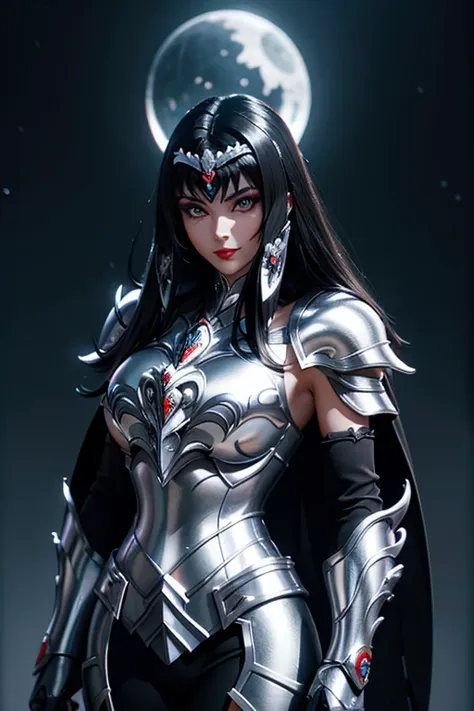 here is an adult european woman in a penguin armor , saint seiya , penguin black and white armor, dark hair, red lips, eye shado...