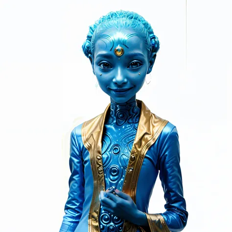 blue alien with gold details, Female alien happy and smiles, happy alien woman, Portrait of a happy and smiling humanoid alien, happy female alien, alien girl, Retrato do humanoide feminino, alien art, realistic alien, elfo com pele azul sorrindo, sci - pe...