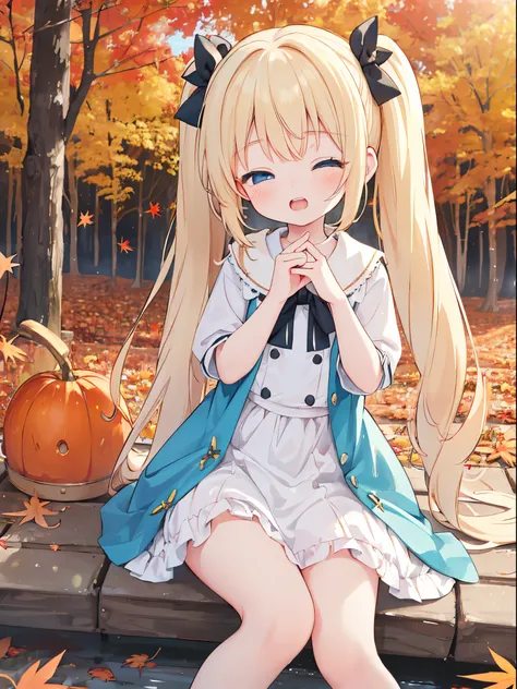 ((4K, ​master piece, Best Quality)), Cute little girl s,pale blond hair, Blue eyes,very long twintails,Laugh,double tooth,Closed eyes,Looking at Viewer,Lens Flare, autumn, camp, bonfire