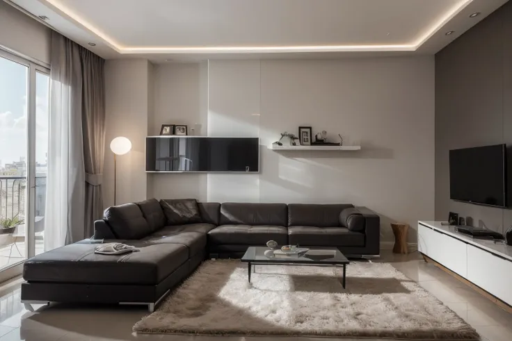 Vislumbre um ultramoderno, Double-use living room that optimizes space and integrates advanced technology. Features of the compact room, wall-mounted smart sofa that can be controlled through an app, elegante, Mesa flutuante com carregamento sem fio integr...