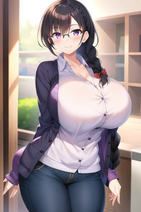 masterpiece, 1girl, huge breasts, black hair, braid, purple eyes, glasses, cardigan, looking at viewer, smile, stand