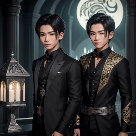 Create the image of a young boy of 20 years, Thai, handsome, who has silver and bright eyes, he is a sorcerer, from the narix up he wears a black mask and wears black gala clothes, behind him, rising in the night, has a Victorian mansion of stone. NIGHT SC...