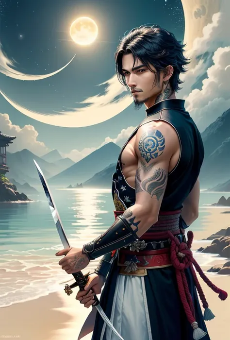 Arte de fantasia artstation, uma samurai, segurando katana, espada, altamente detalhado, estilo artde fantasia RPG,de costas para observador, Tattoos on the arm,sun and moon symbol, tatuagens, on the right arm, detalhado, cabelos preso, escuro, translucent...